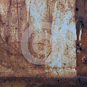 Old light blue painted grey rusty rustic rust iron metal frame background texture, vertical aged damaged weathered scratched