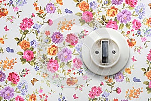 Old light switch on floral wallpaper