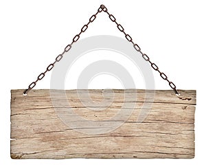 old light wooden sign hanging on a chain isolated on white background
