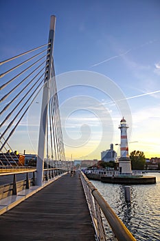 Old lighthouse in Oresund strait, Malmo city harbor, Sweden