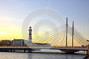 Old lighthouse in Oresund strait, Malmo city harbor, Sweden