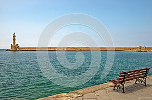 Old lighthouse in port of Chania on Crete island. Greece