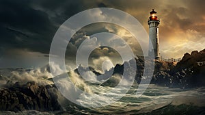 An old lighthouse stands tall on a rocky cliff amidst a raging sea under a stormy sky