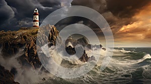 An old lighthouse stands tall on a rocky cliff amidst a raging sea under a stormy sky