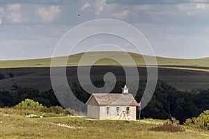 Old limestone school, Kansas hills