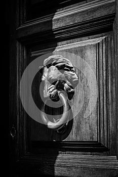 Old lion-head knocher on the wooden door