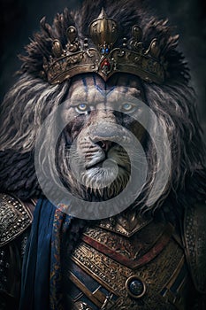 Old lion king dressed in military clothes, heroic look