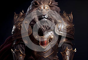 old lion in medieval armor. protector and warrior.