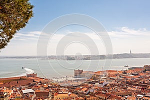 Old Lisbon Portugal panorama. cityscape with roofs. Tagus river.