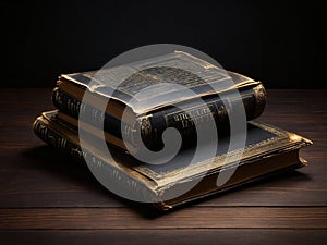 old literature books in the table isolated on dark background, mockup design, 3d render books,.