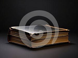 old literature closed book isolated on dark background, black color book, mockup design, 3d render books,.