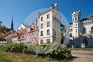 Old Liv square and medieval small guild building in old city part of Riga, Latvia photo