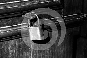 Old lock on a wooden door with rusty closed padlock, Vintage Black and white photo