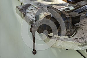 Old locksmith vise on a workbench