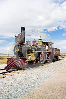 Locomotive. Front view of a Antique train with coal wagon in the United States.