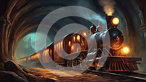 old locomotive evil magic Halloween steam train with ghouls and monsters on it,