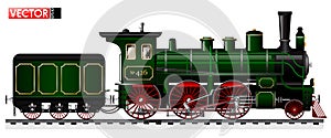 An old locomotive of green color with a steam engine and a tender. Side view. Traced details and mechanisms.