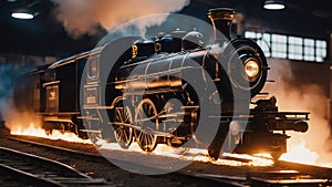 old locomotive in motion _A burning old-fashioned train on fire, burning, with a cool emblem on its front. The train is black