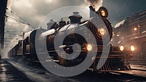 old locomotive rocket-powered steampunk train. billowing smoke. traveling a futuristic, dystopian wasteland.