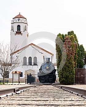 Old locomotive and the train depot in Boise Idaho