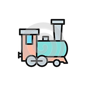 Old locomotive, train, railroad flat color line icon.