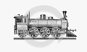 Old locomotive or train on railway. Retro transport. Engraved vintage, hand drawn sketch for t shirt.
