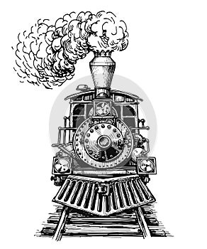 Old locomotive or train on railway. Retro transport. Hand drawn sketch vector illustration in vintage engraving style