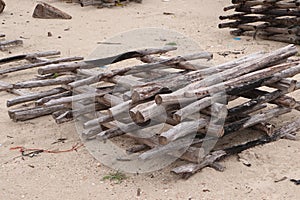 Old log on the beach at Songkhla Thailand.