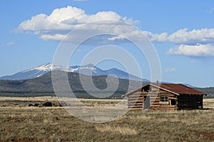 Old log cabin and mountain