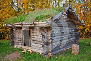 Old log house with turfed roof