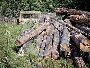 Old logs and a rusty truck cabin in Chernobyl Exclusion Zone, Ukraine