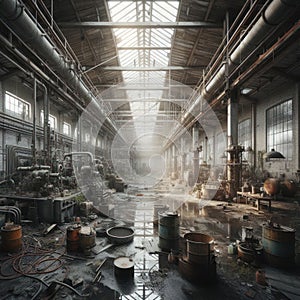 An old, long-abandoned industrial workshop.