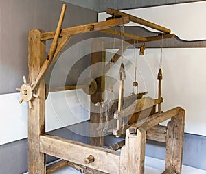 Old loom. Device for the manufacture of textile products, close-up, traditional