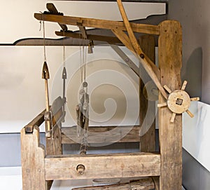 Old loom. Device for the manufacture of textile products, close-up, traditional