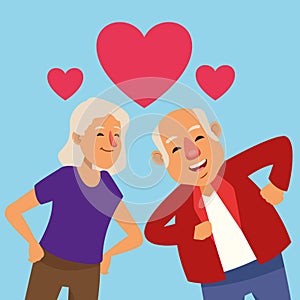 Old lovers couple dancing with hearts active seniors characters