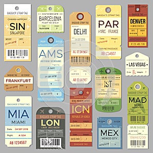 Old luggage tag or label with flight register symbol. Isolated vintage baggage tags and tickets vector set