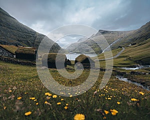 The old Lutheran church in Saksun village with view over the saksun falley on the island of Streymoy, Faroe Islands