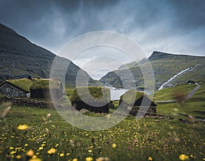 The old Lutheran church in Saksun village with view over the saksun falley on the island of Streymoy, Faroe Islands