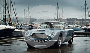 old luxury English vintage car parked outdoors on the pier of a marina on a cloudy day