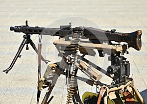 Old machine gun with ammunition