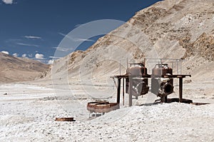 Old machines for processing mineral water, Tsho Kar, ladakh, India