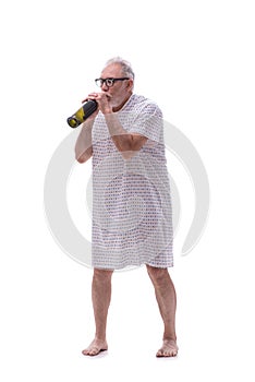Old mad alcoholic man isolated on white