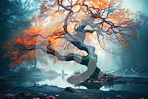 Old magic tree with big branches and orange leaves in blue fog.