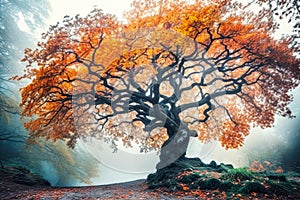 Old magic tree with big branches and orange leaves in blue fog.