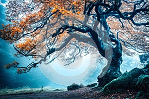 Old magic tree with big branches and orange leaves in blue fog.