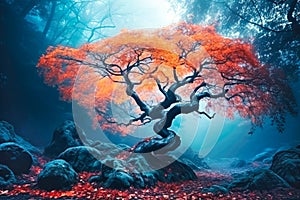 Old magic tree with big branches and orange leaves in blue fog.