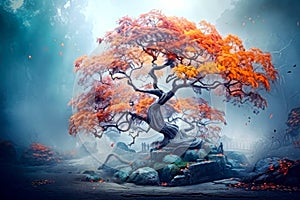 Old magic tree with big branches and orange leaves in blue fog.