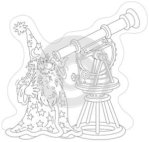 Old magician astrologer with a telescope