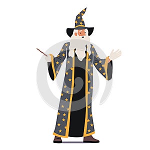 Old Magician or Astrologer with Wand, Wizard Character Making Spell. Merlin or Dumbledore Halloween Personage with Beard