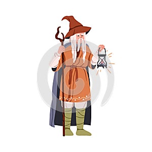 Old magician character. Ancient wizard, wise mage in hat with staff and lantern in hands. Senior magic sorcerer, man